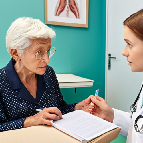 **

A doctor actively listening to an elderly woman, Astrid, in a bright consultation room. Astrid is holding a written account of her symptoms. The doctor is making eye contact and showing empathy. Focus on conveying trust and understanding.

**